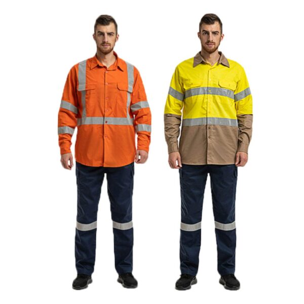 Mining Industrial Cotton Work Clothing Safety Security AS/NZSO 4602 UPF50+ range Yellow Navy Hi Vis Reflective Shirt And Pants - Image 5