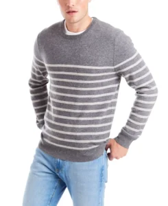 100% Cashmere High Quality Striped Crew Neck Pullover Men’s Knitted Sweater