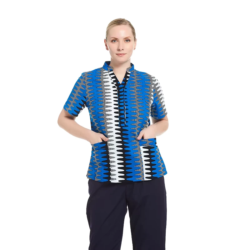 100% Cotton African Print Women's V-Neck Multi-Pocket Medical Scrub Top