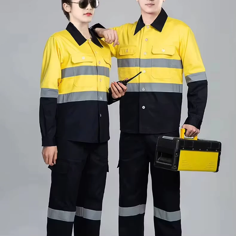 100% Cotton Construction Mining Uniform Long Sleeve Workwear Custom Logo Reflective Safety Clothes Hi Vis Men Work Shirt