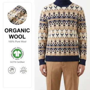 100% Organic Wool Men’s Turtleneck Sweater GOTS Certified Fair Isle Jacquard