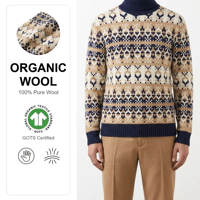 100% Organic Wool Men's Turtleneck Sweater GOTS Certified Fair Isle Jacquard