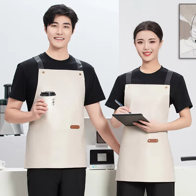 100% PUH Canvas Bib Chef Apron Black Waterproof Polyester Two Pockets for Kitchen Cooking