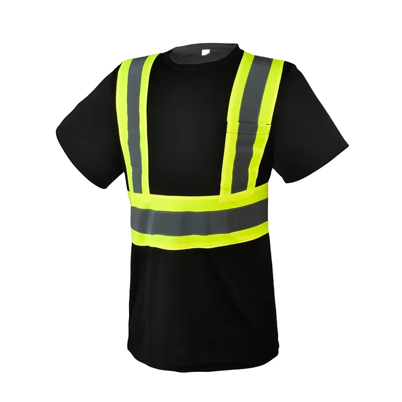100% Polyester Hi Vis Safety Reflective Black Short Sleeve T Shirts Sewn On Premium Reflective Striping