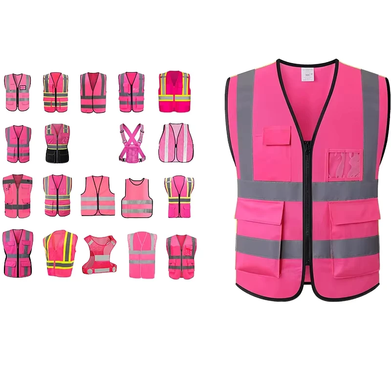 100% Polyester Pink Hi Vis Reflective Safety Vest with Custom Logo Traffic Work Security Jacket Clothing for Work Security