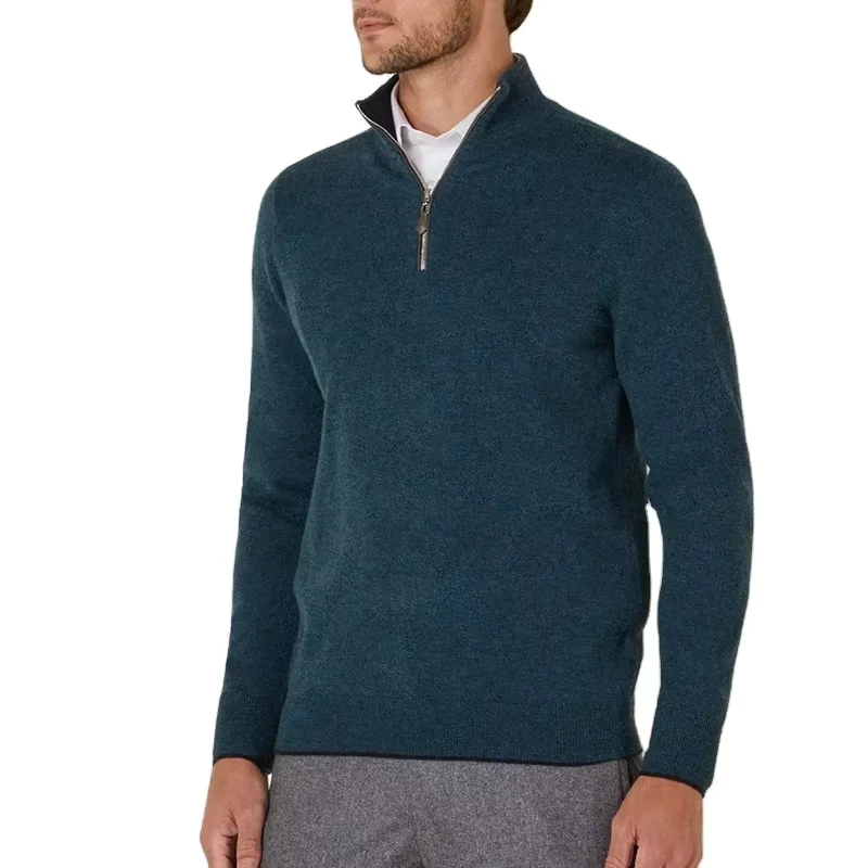 100% Pure Cashmere Men's Classic Streetwear Half Zip Pullover ODM Winter & Spring Crew Neck Sweater with Plus Size Feature