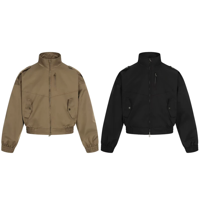 11KN American Retro Flight Short Wide Bomber Jacket Unisex Streetwear Khaki Loose Stand Collar Workwear Coat