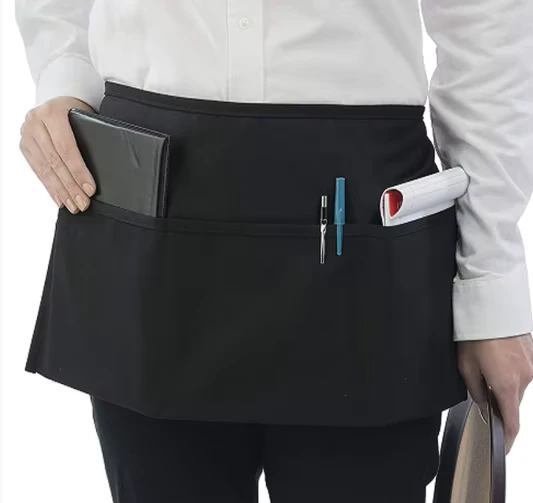 12 Inch Black Polyester Half Apron with 3 Pockets for Waitresses