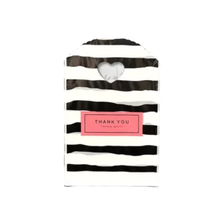13 x 21 cm Black and White Striped Plastic Shopping Bag with Heart Cutout and Thank-You Label for Gift Packaging