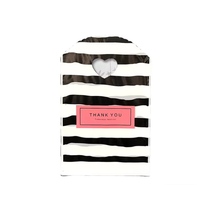 13 x 21 cm Black and White Striped Plastic Shopping Bag with Heart Cutout and Thank-You Label for Gift Packaging