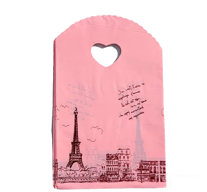 13 x 21 cm Pink Reusable Shopping Bag with Eiffel Tower Design and Heart-Shaped Handle