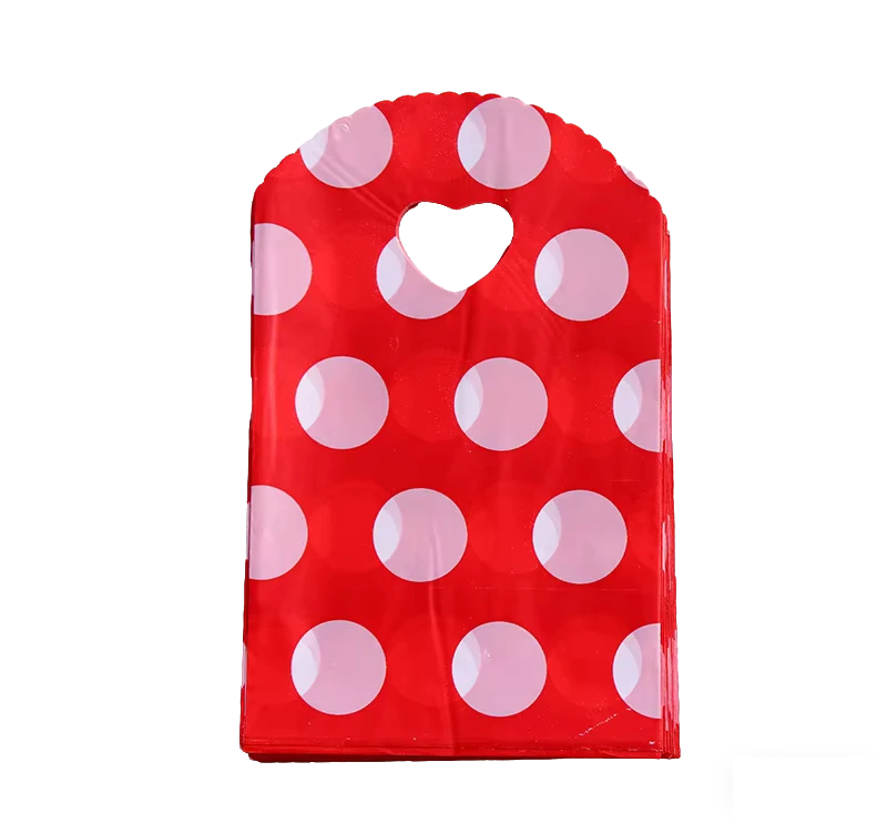 13 x 21 cm Red Polka Dot Reusable Shopping Bag with Large White Dots and Heart-Shaped Handle