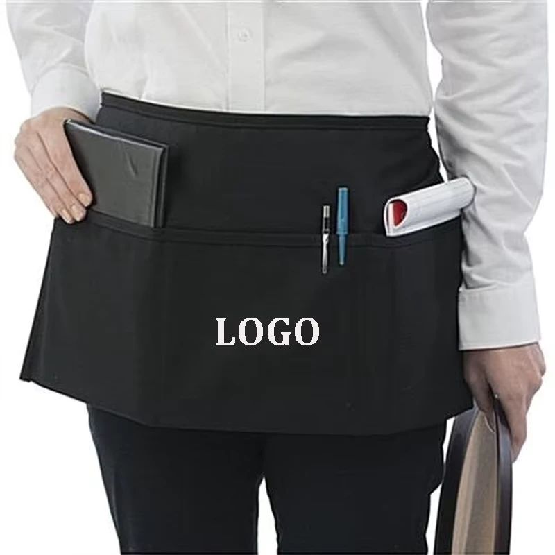 2/3 Pocket Black Cotton Polyester Short Waitress Half Server Waist Apron for Kitchen, Coffee Bar