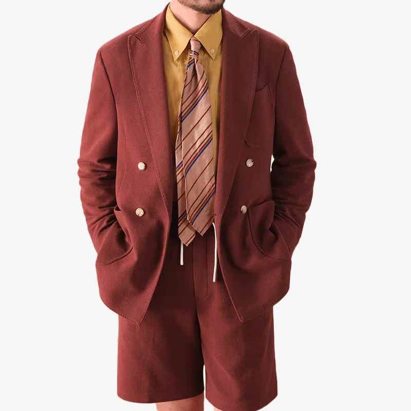 2 Pieces Cotton Casual Solid Color Suit for Men Slim Fit Soft Men Suit Jacket with Short Pant