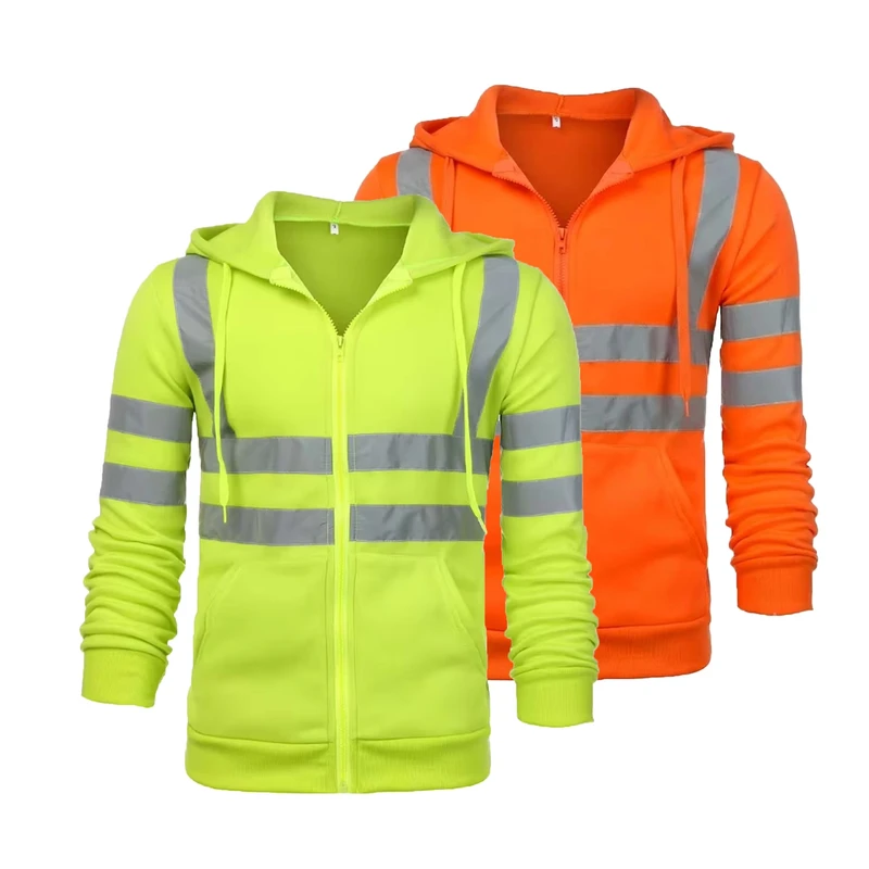 240GSM Fleece Hi Vis Reflective Safety Hoodie Long Sleeve Heat Applied Tape for Construction Men Work Orange