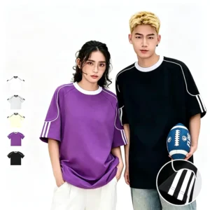 240g Heavyweight Pure Cotton Preppy Style Striped Crew-Neck Men’s Summer Breathable Loose-Fitting Digital Print T-Shirt