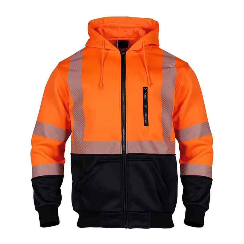 280gsm Fleeced High Visibility Safety Sweatshirts Zip Closure Hi Vis Safety Jackets Orange Warm Reflective Work Hoodies