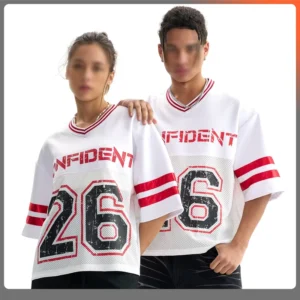 290gsm Retro Mesh Boxy Fit Jersey Football Streetwear Custom Screen Print Logo Clashing Color Cropped V Neck T Shirt for Formal