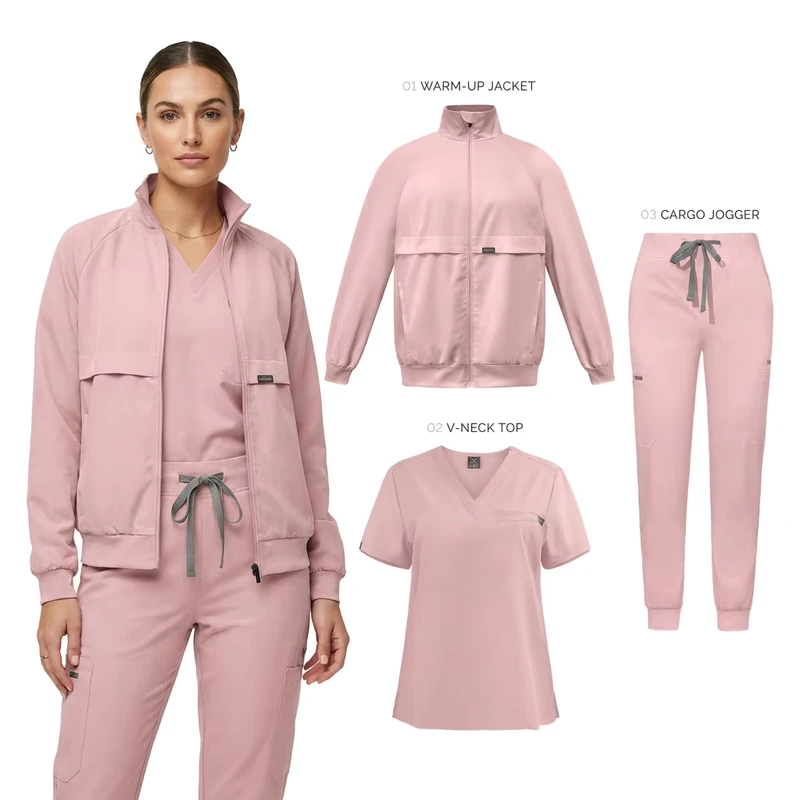 3-Piece Medical Scrub Set 4-Way Stretch Nursing Uniform with Zip-Up Warm-Up Jacket and Cargo Jogger Pants