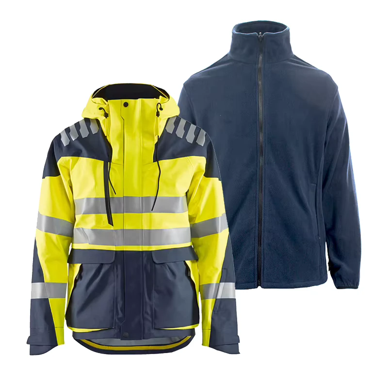 3 in 1 High Visibility Reflective Winter Jacket Fleece Lined Stripe Patchwork Hooded Overcoat for Safety Work & Cycling