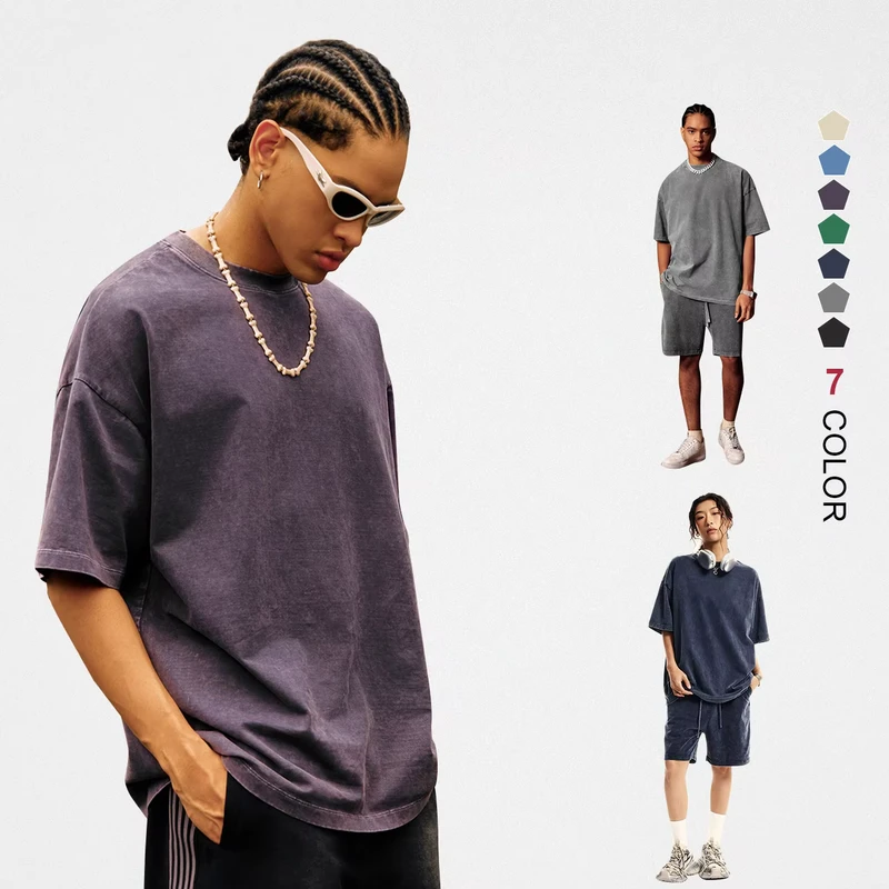 315GSM Acid Wash Washed Distressed T Shirt Drop Shoulder Oversized 100% Cotton Round Neck Custom Logo Tshirt