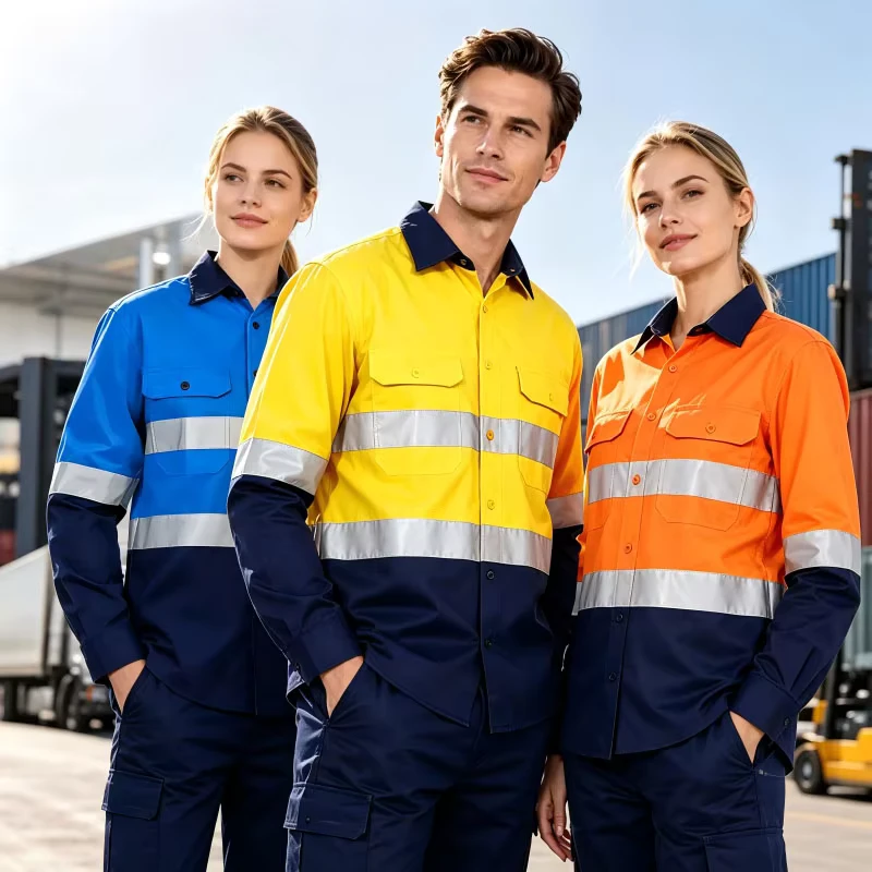 35% Cotton Construction Long Sleeves Mining Industrial Worker Uniform Workwear Custom Logo Reflective Hi Vis Safety Shirts