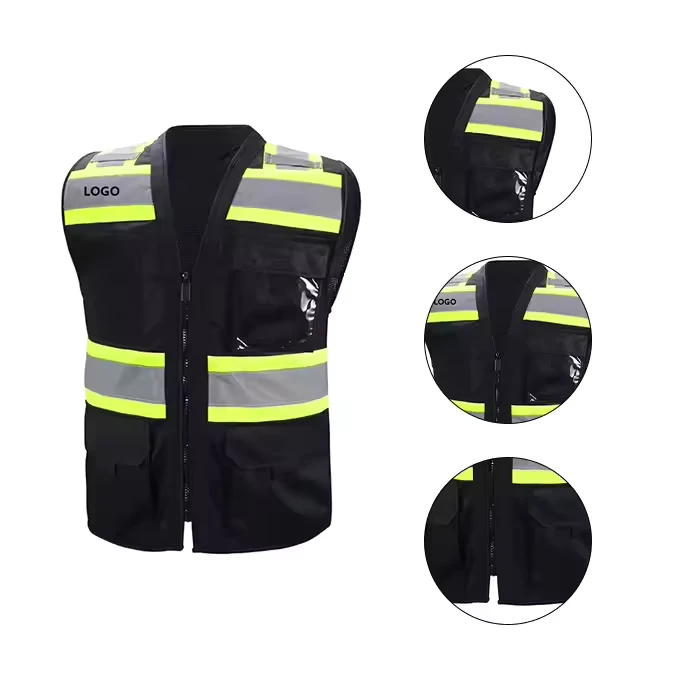 360° Hi Vis Security Safety Vest Breathable Waterproof Black Reflective Engineer Vest