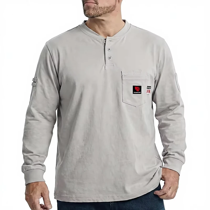 3XL Size FR Shirts Men 8oz 100% Cotton Fire Resistant Henley Shirt Welding Work Long Sleeve Clothing