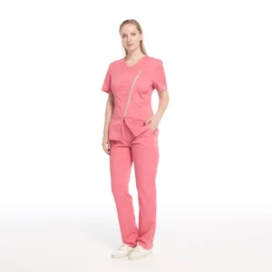 4 Way Stretch Chlorine Resistant Scrub Set Women’s V Neck Gold Zipper Nurse Uniform With Ankle Zipper Custom Logo