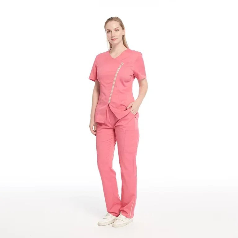4-Way-Stretch-Chlorine-Resistant-Scrub-Set-Womens-V-Neck-Gold-Zipper-Nurse-Uniform-With-Ankle-Zipper-Custom-Logo
