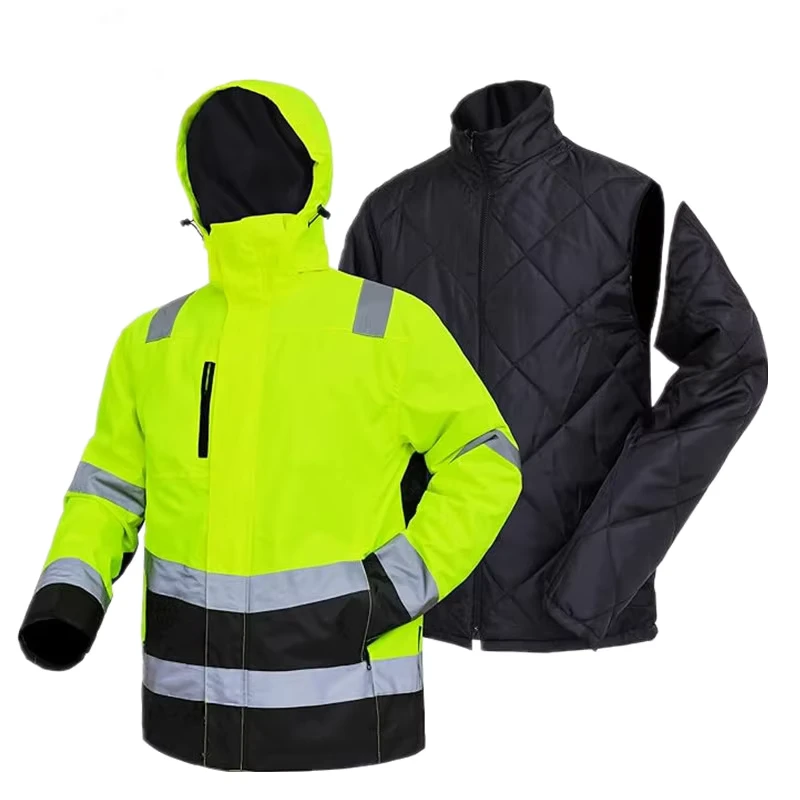 4 in 1 Multiple Puff Long Sleeve Hi Vis Reflective Polyester Waterproof Winter Workwear Men's Safety Jacket