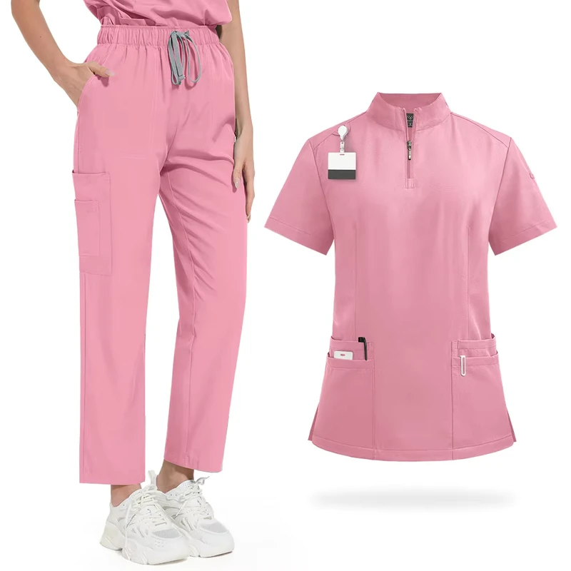 42108 Zipper Collar Unisex Plus Size Medical Scrub Uniform Set for Women