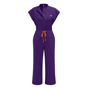 42388 Purple Elastic Quick-Dry Unisex Nursing Jumpsuit with Hunter Green Pockets, Zipper and Waist Tie