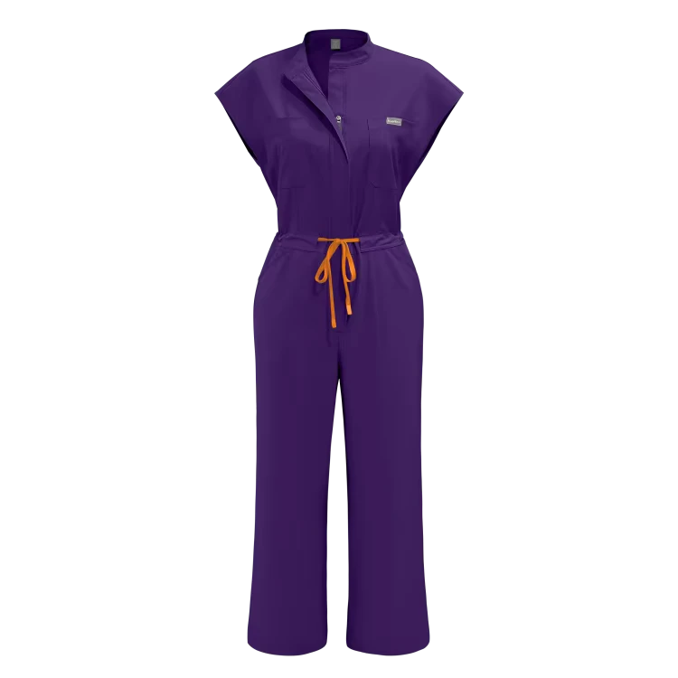 42388 Purple Elastic Quick-Dry Unisex Nursing Jumpsuit with Hunter Green Pockets, Zipper and Waist Tie