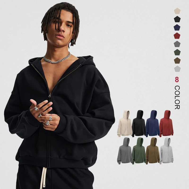 430gsm Cotton Zip up Hoodies Heavyweight Custom Printed Logo Hoodies for Men