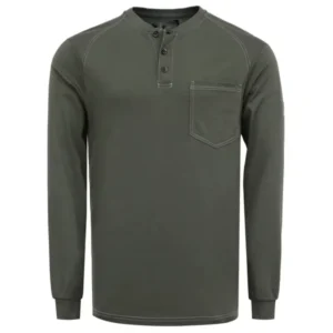 5.5oz 100% Cotton Long Sleeve Henley Shirt Summer Ventilated Flame Resistant Arc Flash Safety