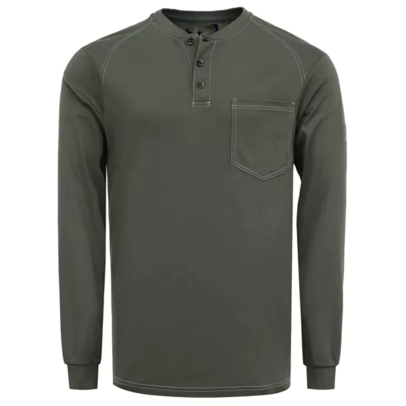 5.5oz 100% Cotton Long Sleeve Henley Shirt Summer Ventilated Flame Resistant Arc Flash Safety