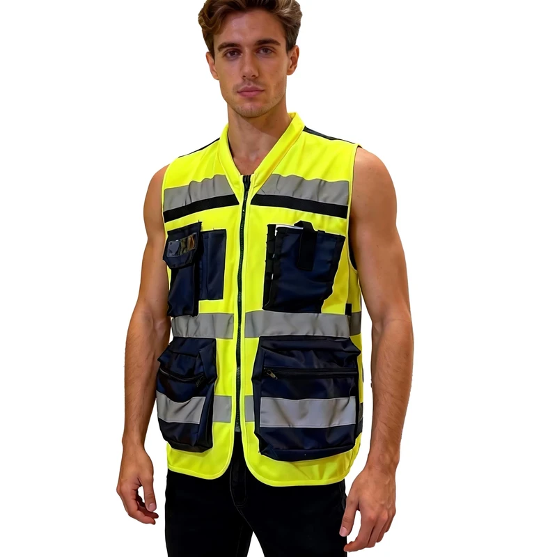 6 Pockets High Visibility Workwear Orange Reflective Tool Vest Jacket Construction Engineer Work Safety Vest with Zipper