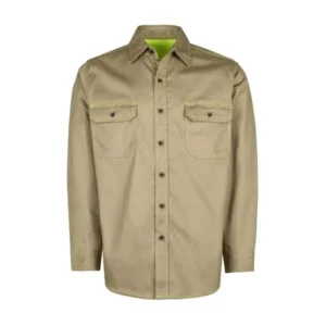 6.5OZ FR Fire Protection Work Shirt (FRC1307Khaki) Loose Fit Khaki Vented Mesh Back HRC2 NFPA2112 Sewing Seams