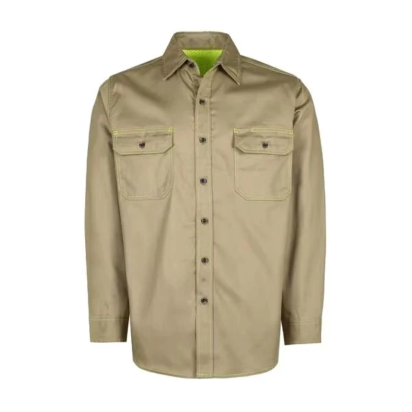 6.5OZ FR Fire Protection Work Shirt (FRC1307Khaki) Loose Fit Khaki Vented Mesh Back HRC2 NFPA2112 Sewing Seams