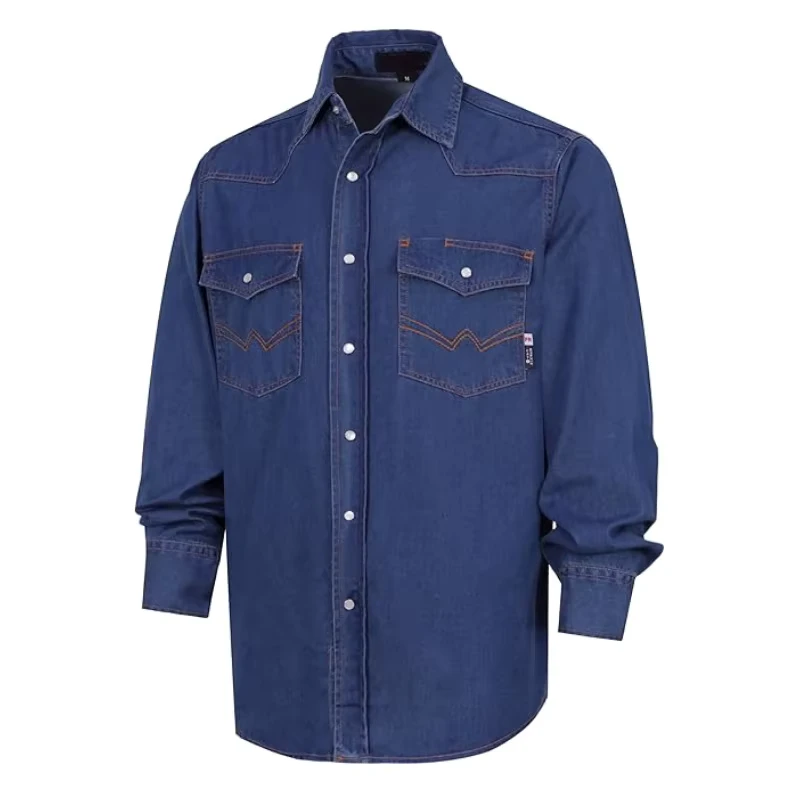 6.5OZ Flame Proof Clothing Two Chest Pockets Snaps NFPA2112 Fire Retardant Denim Work Shirts