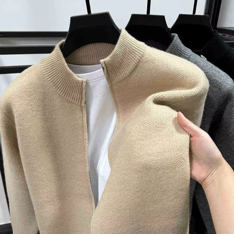 600gsm Heavyweight Knitted Formal Stand Full Zip Winter Windproof Eco Friendly Soft Warm Men's Sweater Jacket