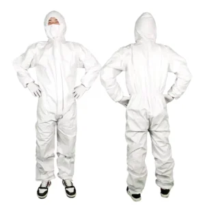 60gsm SF Microporous Disposable Anti Static Water Proof Cleanroom Industril Oil White Hooded Coverall with Elastic Half Waist