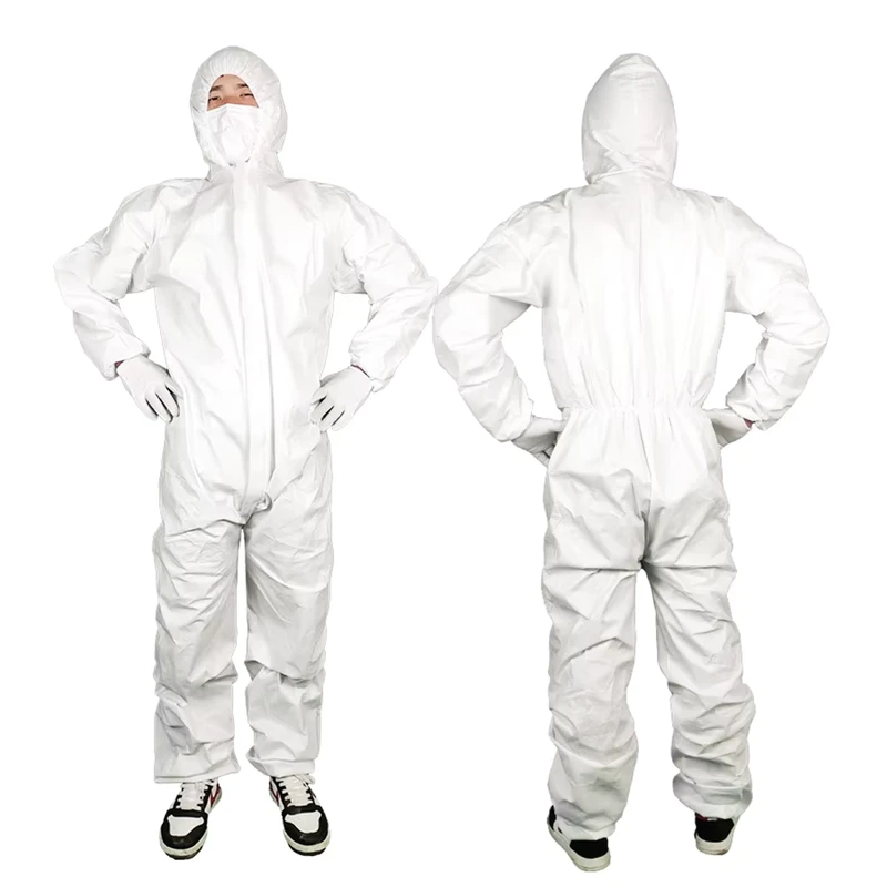 60gsm SF Microporous Disposable Anti Static Water Proof Cleanroom Industril Oil White Hooded Coverall with Elastic Half Waist