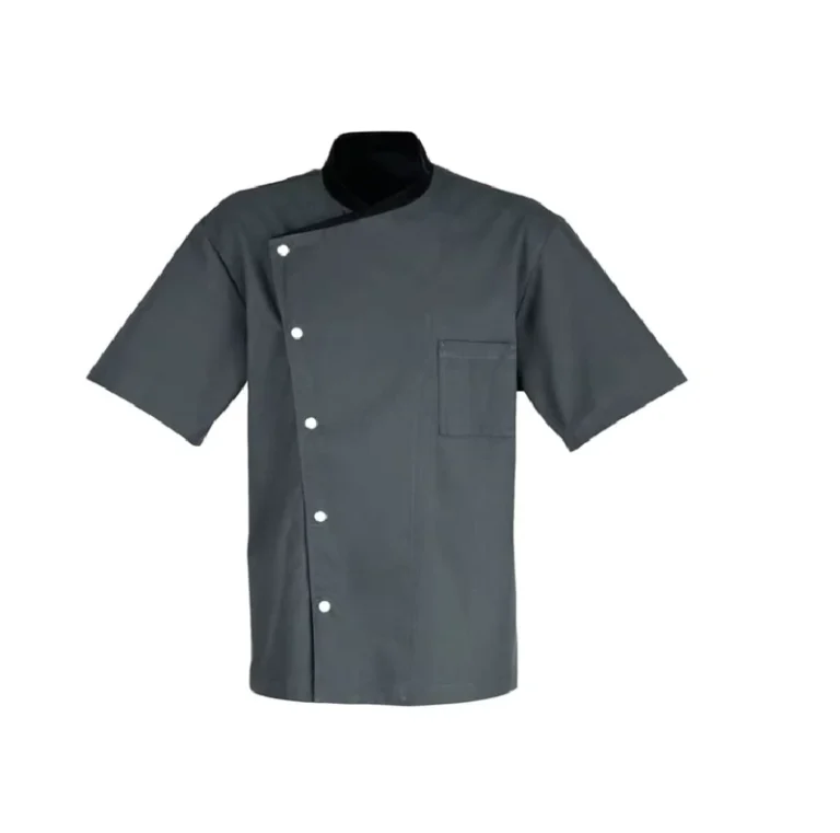 65-Polyester-35-Cotton-Short-Sleeve-Summer-Chef-Uniform-Jacket-Grey-With-Black-Trim