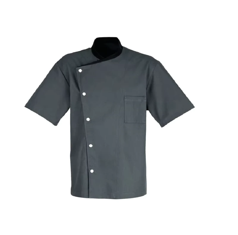 65% Polyester 35% Cotton Short Sleeve Summer Chef Uniform Jacket Grey With Black Trim