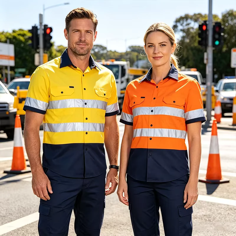 65% Polyester 35% Cotton Summer Short Sleeve Custom Logo Construction Oil Security Safety Reflective Workwear Hi Vis Work Shirts