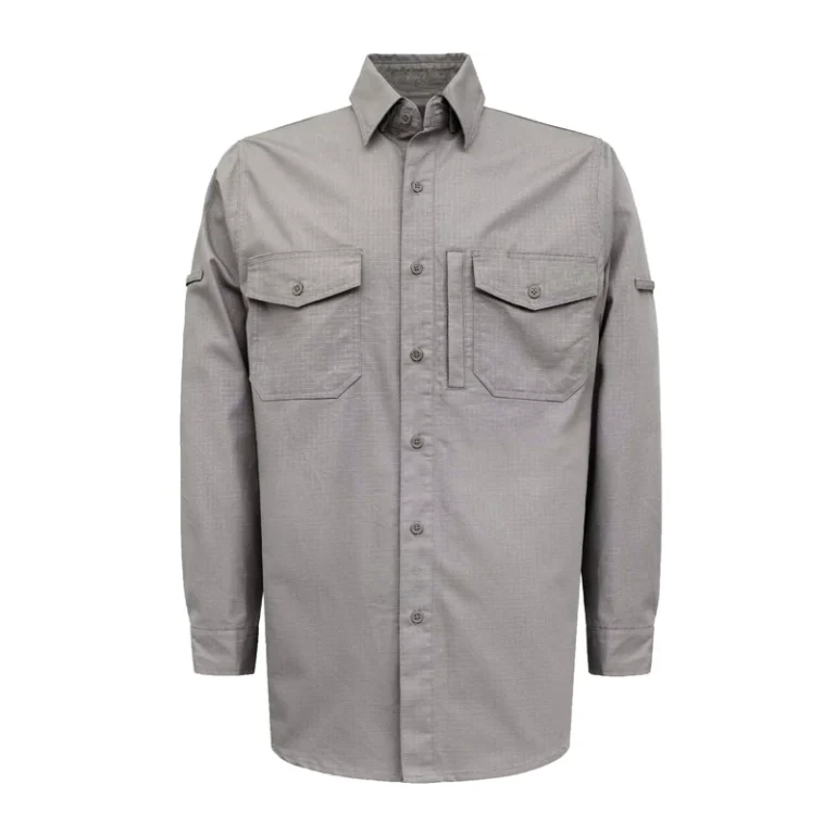 6OZ-Solid-Color-Ripstop-Fire-Resistant-Loose-Fit-Shirt-with-Button-Water-Repellent-Finish-Model-FRC6628-Light-Gray
