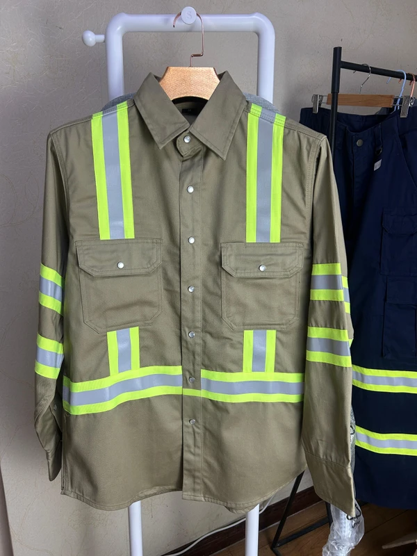 7.5OZ High Visibility FR Work Shirt (FRC0802HV) Khaki ANSI ISEA 107 20 NFPA2112 CAT2 Flame Resistant Loose Fit Sewing Seam