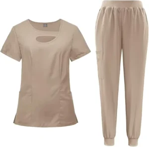 72% Recycled Polyester 23% Viscose 5% Spandex Multiple Pockets V Neck Top and Drawstring Scrub Pant Premium Hospital Uniform
